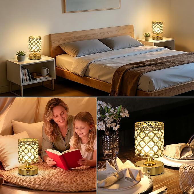 Gold Small Crystal Rechargeable Cordless Table Lamps Set of 2 | 6000mAh Battery, 3 Color Temps, Stepless Dimming, Touch Control, Portable Wireless Night Light for Bar Bedroom Living Room