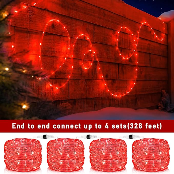 100FT 300 LED Rope Lights for Outside, Connectable Rope Lights Outdoor Waterproof with 8 Modes, Plug in Christmas String Lights for House, Deck, Garden, Backyard, Pool, Patio, Tree Decorations - Red