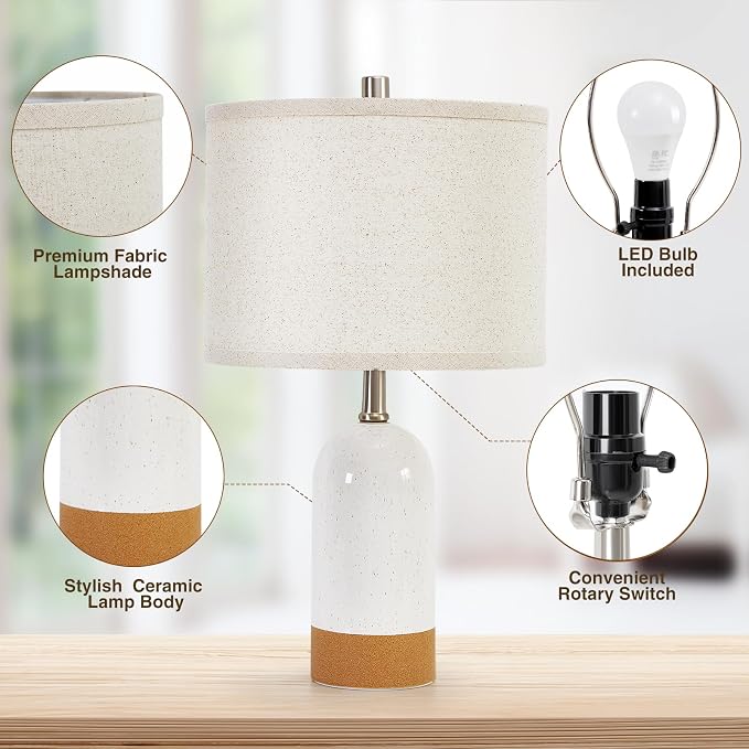 Small Table Lamps Set of 2, Bedside Lamp for Bedroom, 21.5" Nightstand Ceramic Desk Lamp for Kids Room, Living Room, Dorm, Reading, Home Office, Bulbs Included