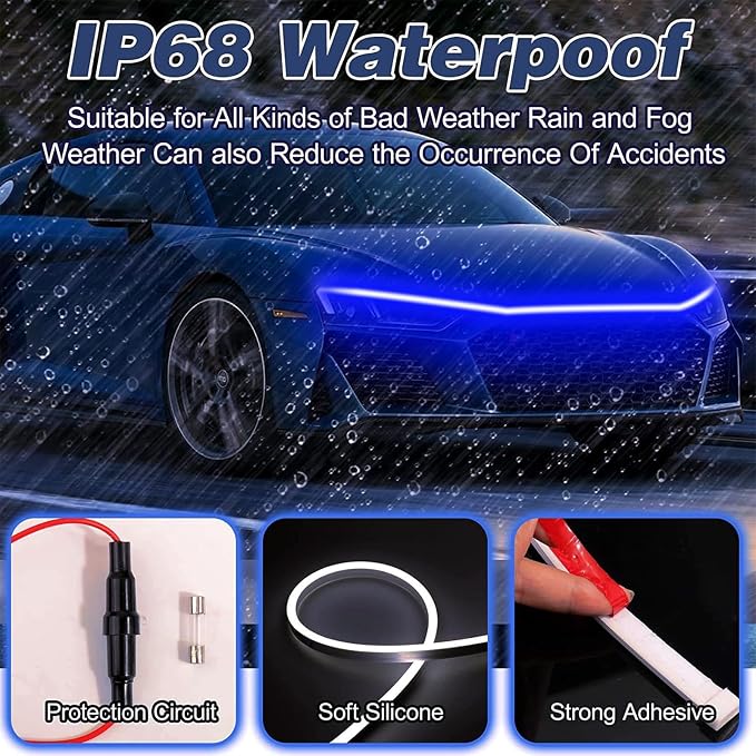 Car LED Hood Light Strip for Cars, SUVs, Trucks, Blue, 70 Inch | 12V, Universal, Flexible Waterproof Daytime Running Light, Dynamic Scan Start-up Effect, Super Bright Bonnet Lights
