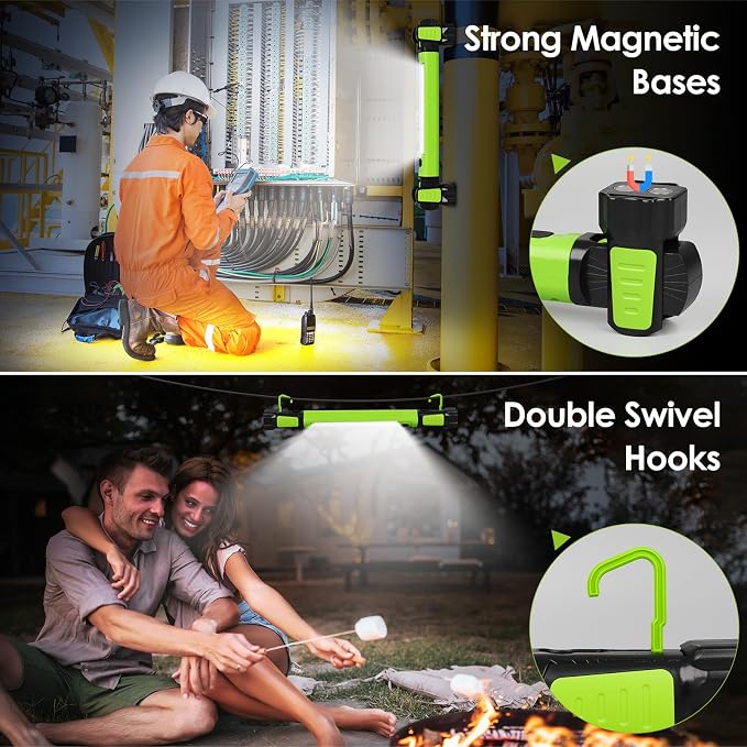 Ropelux Mechanic Work Light Bar with 2500LM 5200mAh Battery, Green 2 Pcs | 2-Level Brightness, 7500K Cool White, 4-10 Hours Runtime, Magnetic Bases, Hooks, 360° Rotating, Rechargeable, Tool Gift