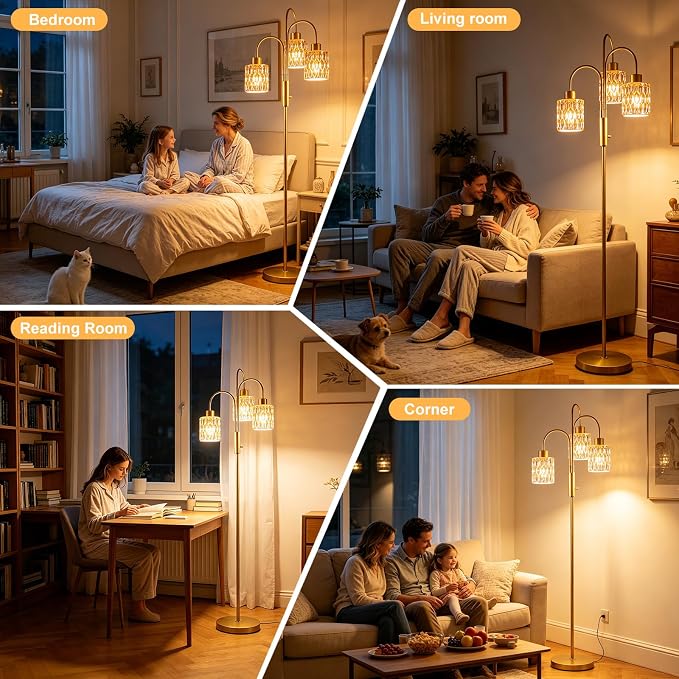 70" Glass Floor Lamp, 3-Light Gold Dimmable Standing Tall Lamp with Amber Ribbed Glass Shades &3PCS 3000K Warm White Bulbs, Modern Tree Pole Lamp for Living Room Bedroom Home Decor