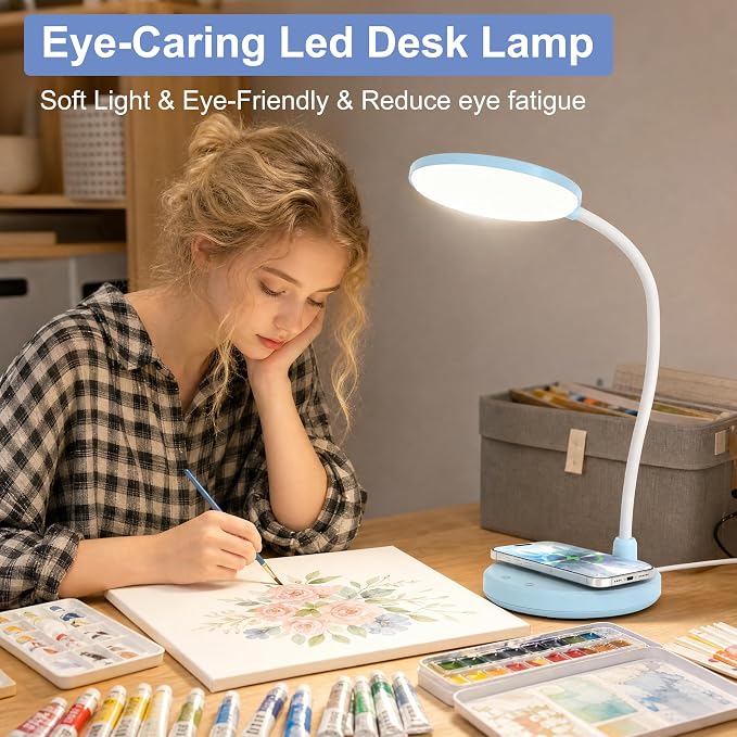 Blue Desk Lamp, Table Lamp with Wireless Charger, 800LM, CRI95+ | 3 Color Modes, Stepless Dimming, Small Desk Lamp with Adjustable Neck, Desk Light for Reading, Bedside, Dorm, with Adapter