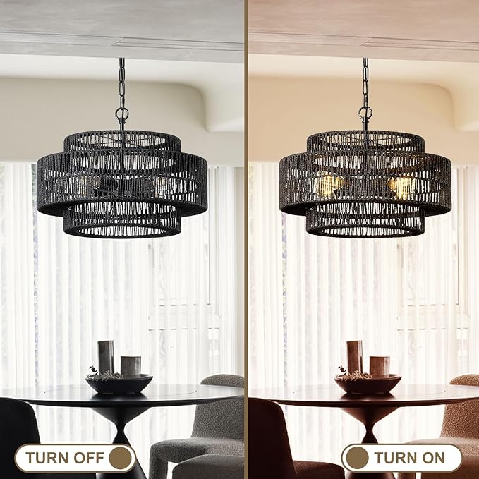 17.7" Black Large Boho Rattan Chandeliers for Dining Room, 4-Light Rattan Hand-Woven Farmhouse Drum Chandelier Pendant Light Fixture for Kitchen Island Bedroom Living Room Entryway Foyer