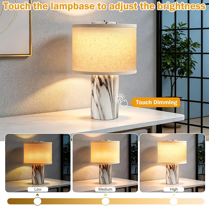 Marble Touch Lamp with Faux Marble Finish, 3-Way Dimmable Bedside Table Lamp for Bedroom, Nightstand & Living Room, Office, LED Bulb Included