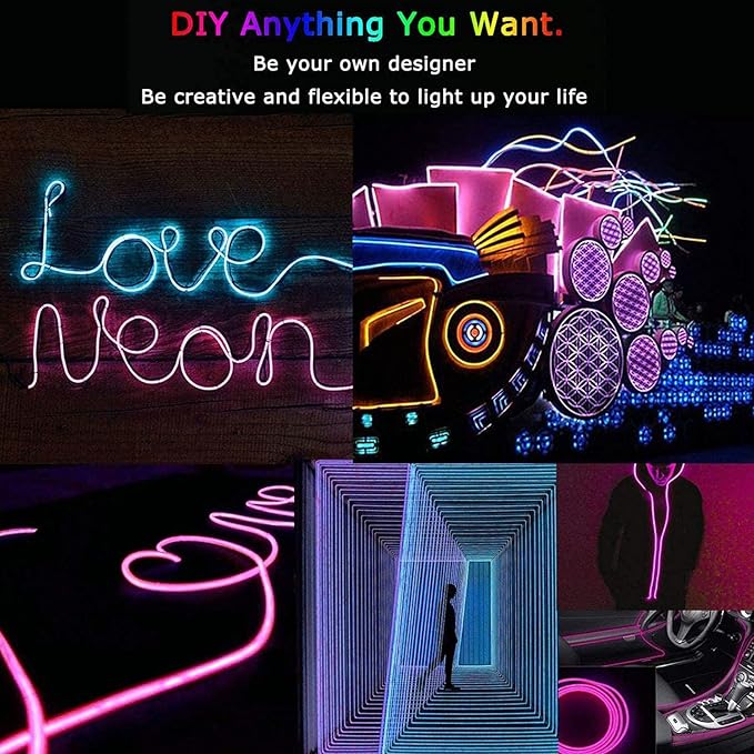 JIGUOOR USB Rechargeable EL Wire 32.8ft/10m (5mx2) Bright Neon Light Strip 360° Illumination Neon Tube Rope Lights for DIY, Festival, Party Decoration, Halloween, Chrismas (32.8ft/10M, Purple)