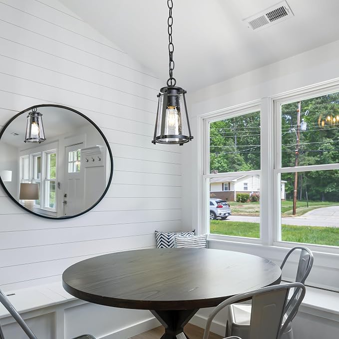 KSANA Pendant Light Kitchen Island, Black Pendant Hanging Light with Seeded Glass Farmhouse Rustic Pendant Light Fixtures for Dining Room Hallway