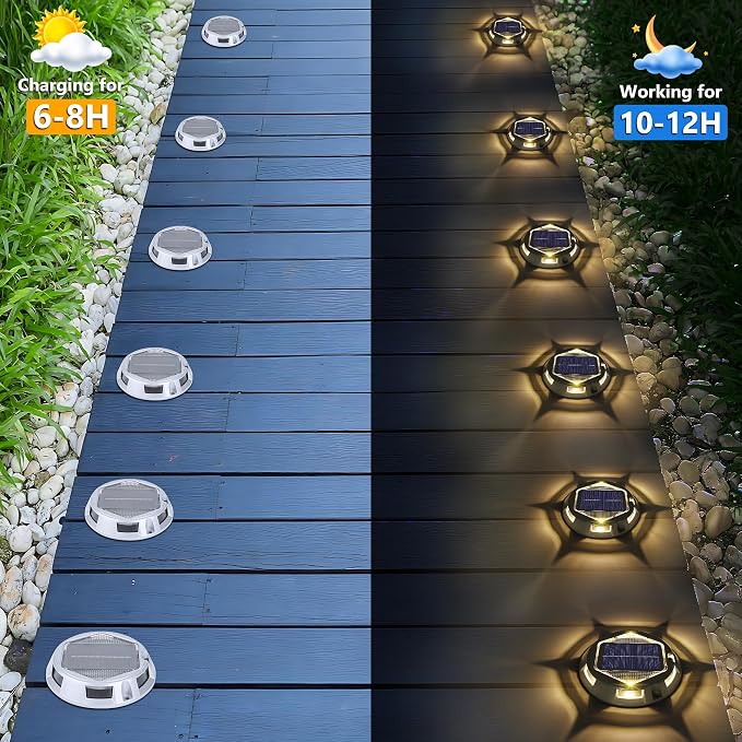 Solar Deck Light Outdoor, 12 Pack 9 Colors in 1 Solar Driveway Dock Lights, IP67 Waterproof Solar Powered Outdoor Light, RGB Step Lights for Outside Garden Yard Fence Stair Sidewalk Pathway Walkway