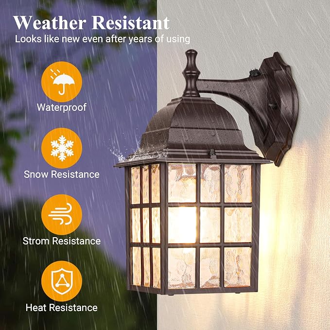 2 Pack Dusk to Dawn Outdoor Lighting Fixture, Classic Exterior Porch Light | Aluminum Frame, Water Rippled Glass, Waterproof, E26, Sensor Outdoor Hose Light, Wall Sconce For Garage, Front Door