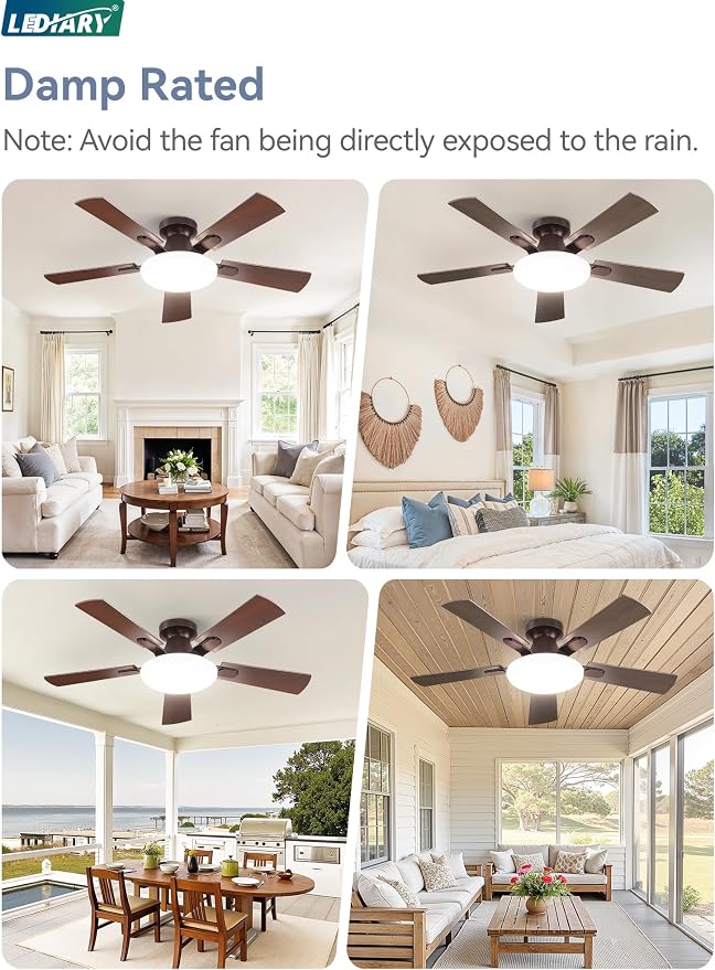 LEDIARY 42 Inch Flush Mount Ceiling Fans with Lights, Remote & APP Control | Bright Light, 3CCT, Dimmable, Memory Function, Timer, Reversible Blade, Quiet DC Motor, Damp-Rated, Bedroom, Covered Patio