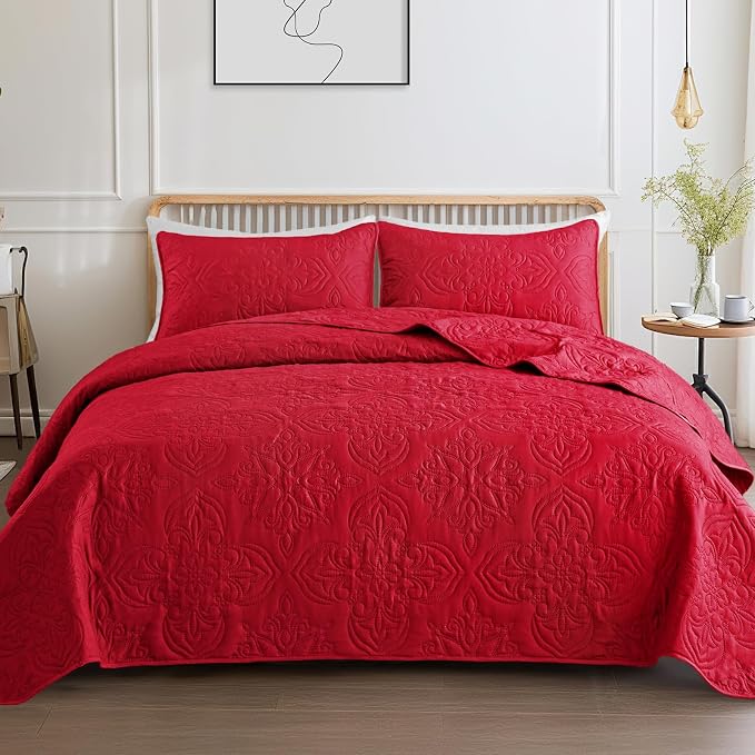 Whale Flotilla Twin Quilt Bedding Set Vintage Damask Reversible Bedspread | Suitable for Bed, 2 Pieces Red Lightweight Breathable Quilts Twin Size, Ultrasonic Coverlet Bed Cover with 1 Pillow Sham