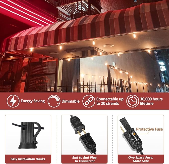 Achin Outdoor String Lights - 50ft LED Dimmable ST38 Warm Edison String Lights, Waterproof, Shatterproof, Connectable, Patio, Pergola, Bistro, Garden, Wedding, 2 Year Warranty
