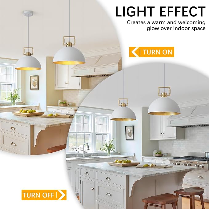 12'' Farmhouse Pendant Light 2 Pack White and Gold for Kitchen Island, Dome Industrial Metal Hanging Lighting Fixtures, Adjustable Height Dining Room Chandelier for Hallway and Foyer