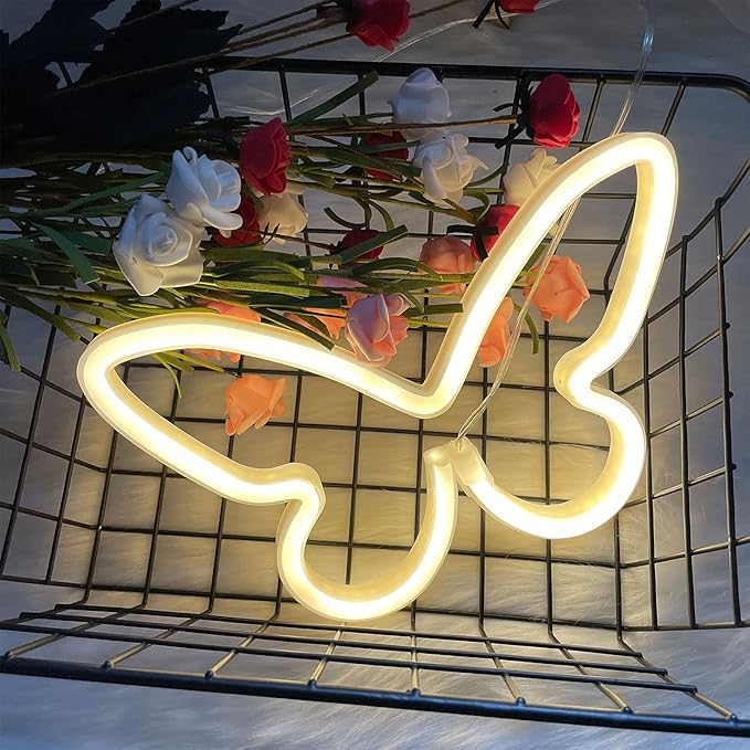 ENUOLI Butterfly LED Neon Decorative Lights, Neon Signs Butterfly Shaped Decor Neon Light,USB/Battery Powered Indoor Wall Decor for Bedroom,Kids Room,Birthday Party,Wedding,Gift(Warm White)