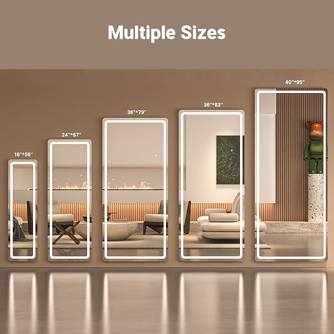 Full Length Mirror with Lights, 56" x 15.8" LED Lighted Floor Standing Body Mirror, Dimmable & 3 Color Lighting for Cloakroom, Dressing Room, Tempered Glass, Rounded Corner Black