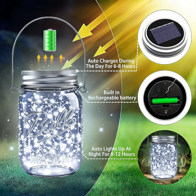 Mason Jar Solar Lights for Outside, 12 Pack 30LED(No Jars) Fairy Lights Mason Jar Solar Lids Outdoor Waterproof String Lights with Hangers for Patio Garden Yard Lawn Decoration - Cool White