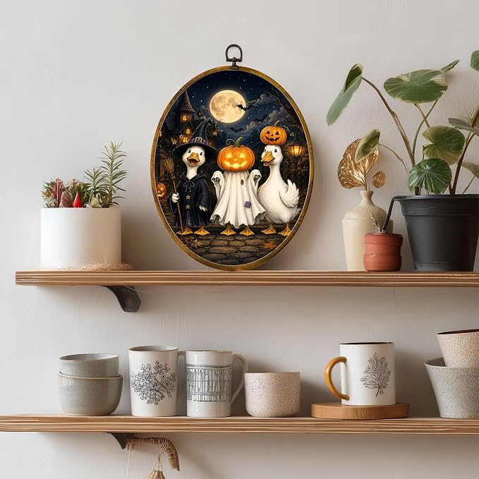 Halloween Duck Oval Wall Art, Framed Canvas Decor, 8.5x11.5 Inch | Halloween ducks in witch and pumpkin costumes, full moon haunted house decor