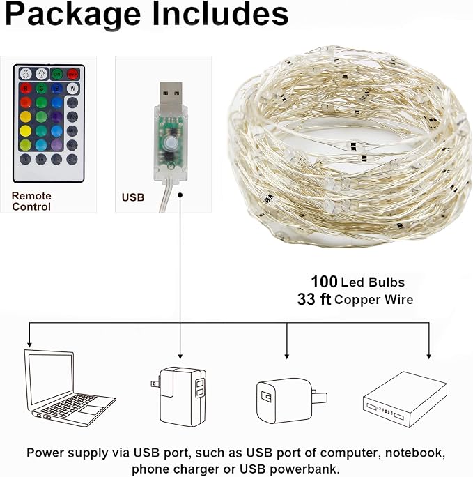 Twinkle Star Color-Changing Fairy Lights, 33Ft 100 LED, 16 Colors | Waterproof Mini String Lights, USB Silver Wire Lights with Adapter, For Bedroom Garden Party Wedding Christmas Decor
