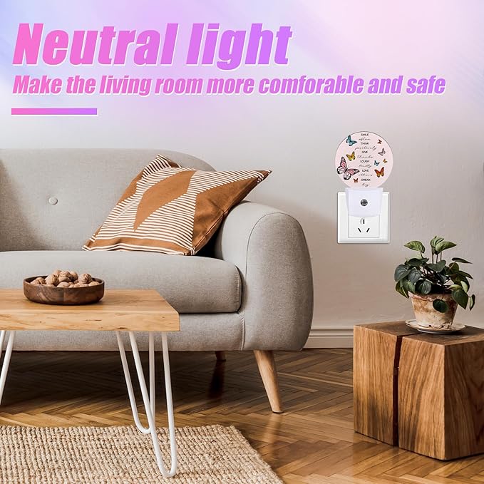 Butterfly Night Light Inspirational Quote Night Lights LED Lamp Round Plug into Wall Nightlight with Dusk to Dawn Sensor Home Hallway Stairway Kitchen Decor