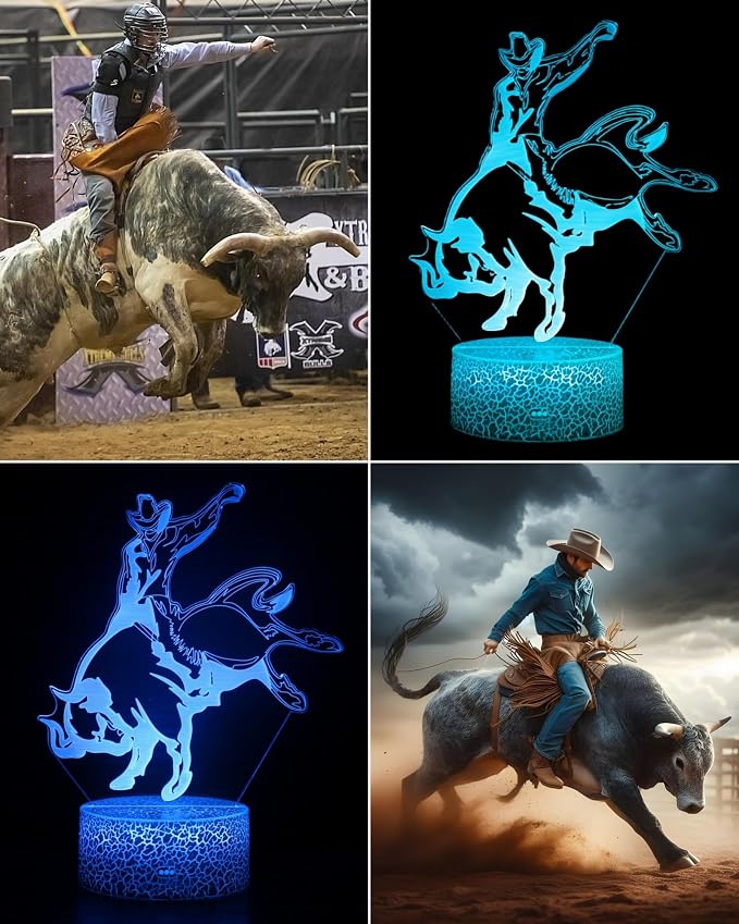 Bull Riding Rider 3D Illusion Night Light, Matador Style Décor Lamp | 16 Colors Changing, Dimmable, Touch & Remote Control, Birthday Christmas Gift For Boy Girl Kid Teen Men Women Bedroom Room