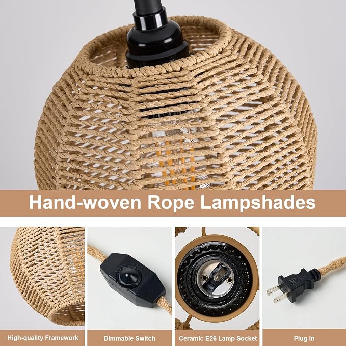 15ft Plug in Pendant Light with Cord Dimmable Switch | Rattan Hanging Lamp with Hand Woven Wicker Plug in Chandelier Boho Hanging Lights Fixture for Bedroom kitchen Hallway Foyer