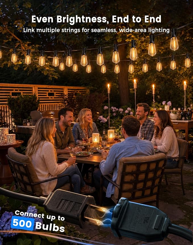 160FT(150+10) String Lights Outdoor, 2FT Bulb Spacing, Waterproof Shatterproof Warm White ST38 LED Edison Bulbs, Extension Cord, Plug in Connectable Hanging Patio Lights for Outside, Backyard