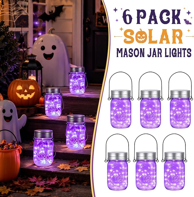 GIGALUMI Hanging Mason Jar Solar Lights 6 Pack for Halloween Decorations | Hanging Solar Lanterns Waterproof, 30 Led Hangers and Jars Included, Outdoor Decor for Porch, Pathway, Yard, Halloween Party