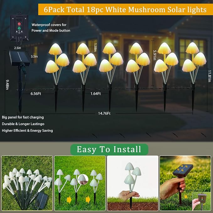 Solar Mushroom Lights for Outside, 6Pack 18 LED Mushrooms with 8 Lighting Modes, Unique Mushroom Garden Decor Gifts, Cute Mushroom Solar Lights Outdoor Garden for Path,Landscape,Yard,Patio,Lawn Decor