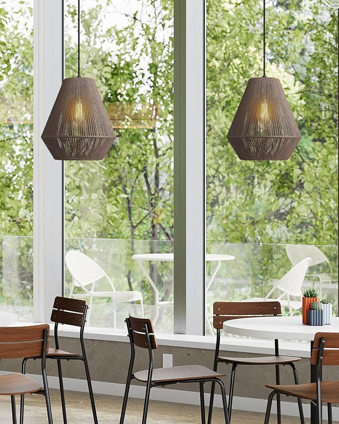 ELYONA 12” Woven Japandi Pendant Light for Kitchen Island Boho Hanging Lamp with Handwoven Rattan Basket Shade Adjustable Pendant Light Fixtures for Dining Room Bar Bedroom Foyer Hallway Dark Brown