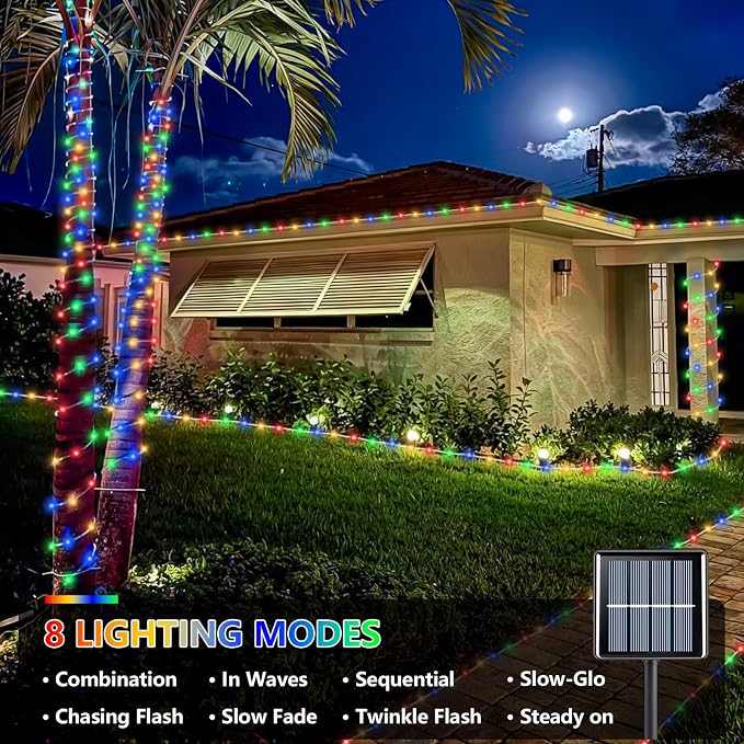 YEGUO Solar Rope Lights Outdoor Waterproof, 2 Packs Each 33ft 100 LED String Lights, 8 Modes Fairy Lights in Clear Thin Tube for Camping Fence Patio Garden Trampoline Deck(Multicolor)