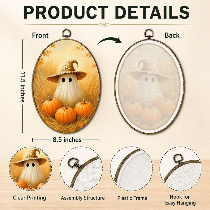Straw Hat Ghost Oval Wall Art, Framed Canvas Decor, 8.5x11.5 Inch | Cute ghost with straw hat, pumpkins, golden wheat field and cozy fall decor