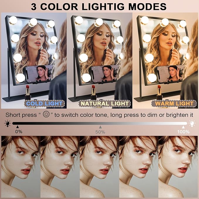 Hansong Lighted Black Vanity Mirror with Music Speaker and Wireless Charging Makeup Mirror with Lights 9 Dimmable Bulbs Lighted Hollywood Makeup Mirror 3 Color Lighting Tabletop