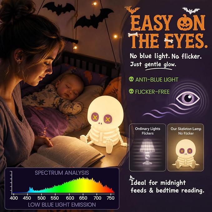 FAMIDUO Skull Night Light, Halloween Decor Gift,8 Colors Kids Skeleton Lamp | Silicone Squishy Safe Toy,Rechargeable Dimmable Touch Bedside Lamp for Nursery,Cool Cute Gothic Decor,Office College Bedroom