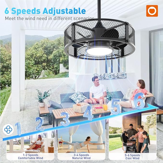 addlon 20" Outdoor Ceiling Fan with Light for Patio, IP65 Plug in Caged Fan | Waterproof, Hanging Hook, Reversible DC Motor, 6 Speeds, Remote Control, Quiet Operation, Timer, for Gazebo, Patio, Porch