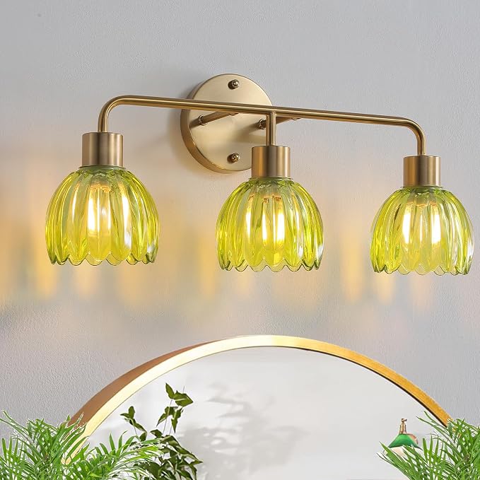 3-Light Gold Brass Bathroom Light Fixture,Wall Sconces,Brushed Gold Vanlity Light Over Mirror,Bathroom Vanity Light with Green Glass Flower Shade,E26 Socket(Bulbs Not Included)
