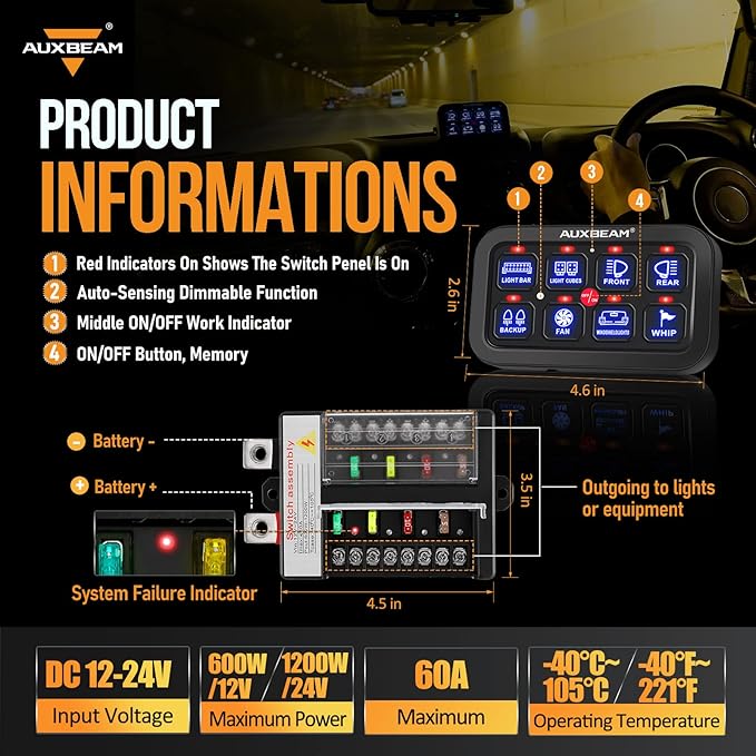 Auxbeam 8 Gang Switch Panel BB80 Universal Circuit Control Relay System Automatic Dimmable LED Switch Control Panel Switch Pod Touch Switch Box for Car Truck Offroad ATV SUV - Blue, 3 Years Warranty