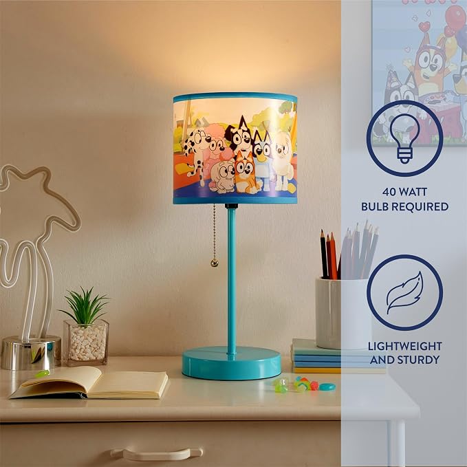 Bluey Table Lamp for Kids,Stick Lamp with Printed Shade & Pull Chain,Bedroom or Nursery Nightstand Lighting,Official Bluey Merchandise