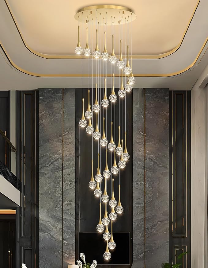 36 Light Modern Glam Crystal Chandelier for High Ceiling LED Dimmable Ceiling Pendant Light Staircase Foyer Enterway Living Room Chandelier Lighting Antique Gold
