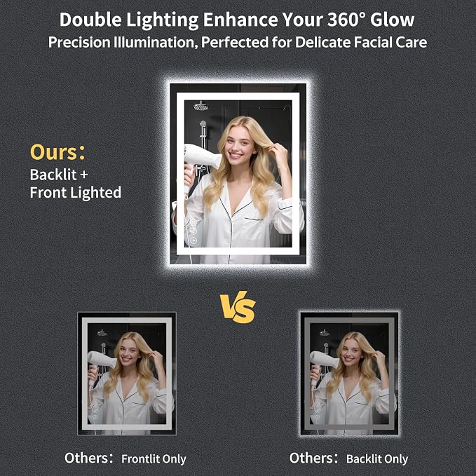 28"x20" LED Bathroom Mirror with Lights, Backlit+Frontlit, Anti-Fog | CRI 95, Stepless Dimmable, 3 Colors Lighting, Shatterproof Tempered Glass, HD Reflection, Memory, (Horizontal/Vertical)