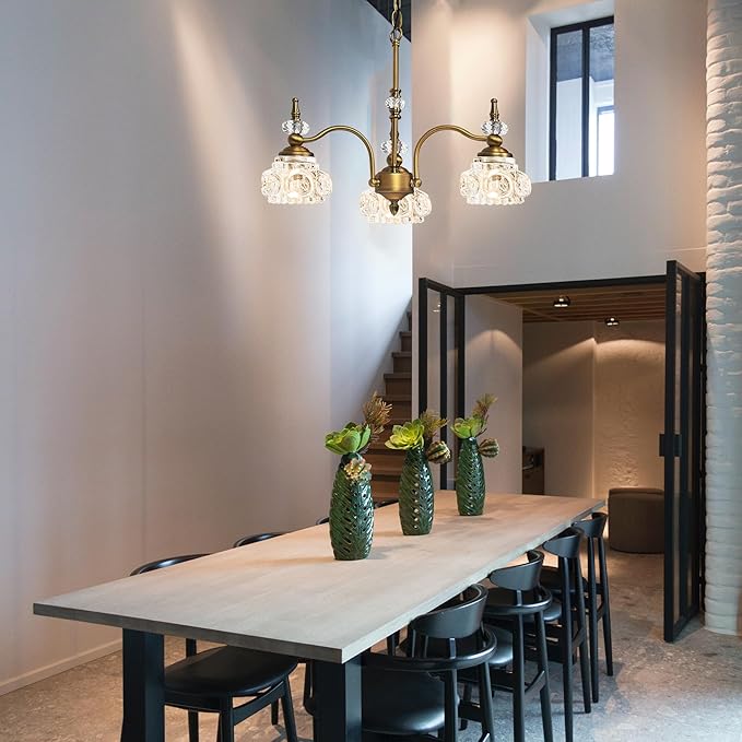 Montex Vintage Brass Pendant Light,Gold Vintage Chandelier Light Fixture 3 Lights,Include 4 Light Bulbs Glass Pendant Light Crystal Hanging Light