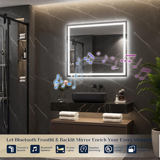 Keonjinn 42 x 36 Inch Lighted Mirrors for Bathroom Wall with Bluetooth Speaker, Frontlit & Backlit LED Bathroom Mirror, Bluetooth Mirror Bathrooms, Tempered Glass, Defogging, 3 Color Lights, Dimmable