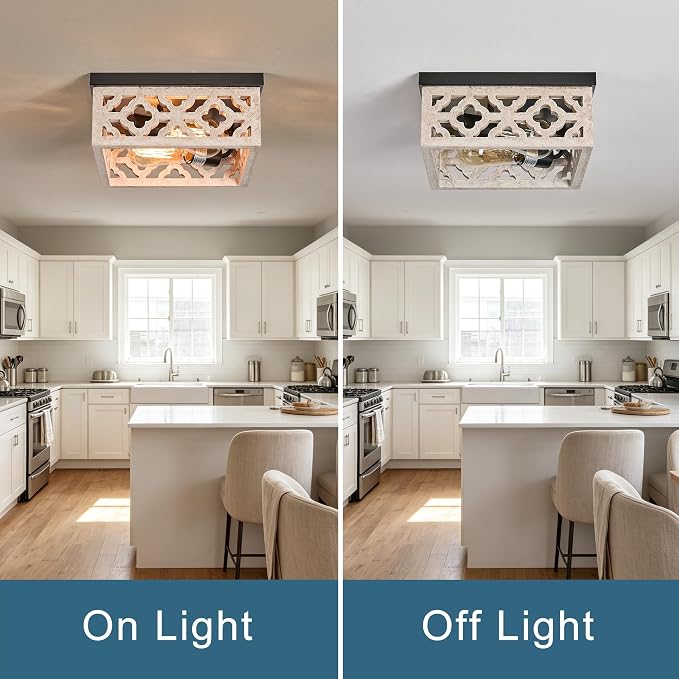 Tarentlight Farmhouse Flush Mount Ceiling Lights, Matte Black Metal & Distressed White MDF Vintage Close to Ceiling Light Fixtures for Kitchen Bedroom DiningRoom Hallway Entryway Foyer Closet Laundry