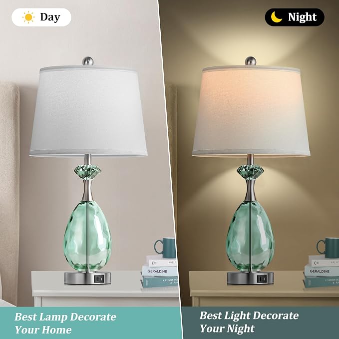 Hamucd Coastal Glass Table Lamps Set of 2, 3-Way Dimmable Touch Control Nautical Lamp with USB A+C Ports,Bedside Lamps Beach Decor, Modern Nightstand Lamps with 2 LED Bulbs for Bedroom Living Room