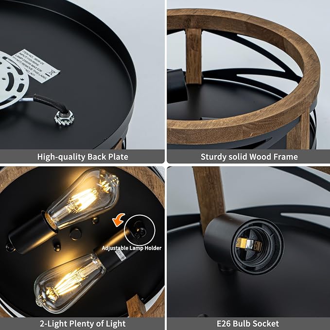 Farmhouse Ceiling Light, 2-Light Round Flush Mount Ceiling Light with Wood and Metal Frame, Black Rustic Light Fixture for Hallway, Entryway, Bedroom, Kitchen
