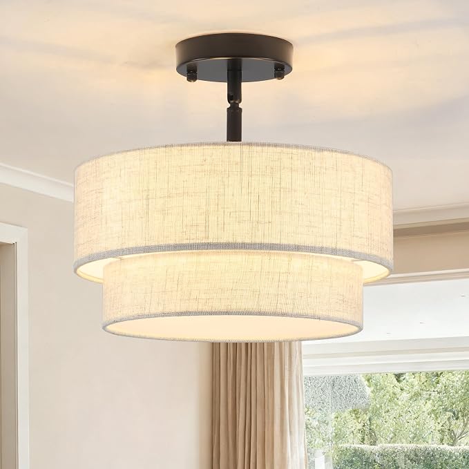 3-Light Semi Flush Mount Ceiling Light, 12.6 Inch Drum Black Chandelier Fabric Metal Kitchen Light Fixture, Dimmable Dining Room Light Fixture E26 Base Chandeliers for Living Room Bedroom