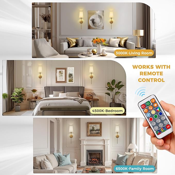 Battery Operated Wall Sconce: Set of 2 Wireless Wall Light 12000mAh | 15 Color Rechargeable Wall Sconces, Sconce Wall Decor Set of 2 for Bedroom, Living Room, Gold, 27in