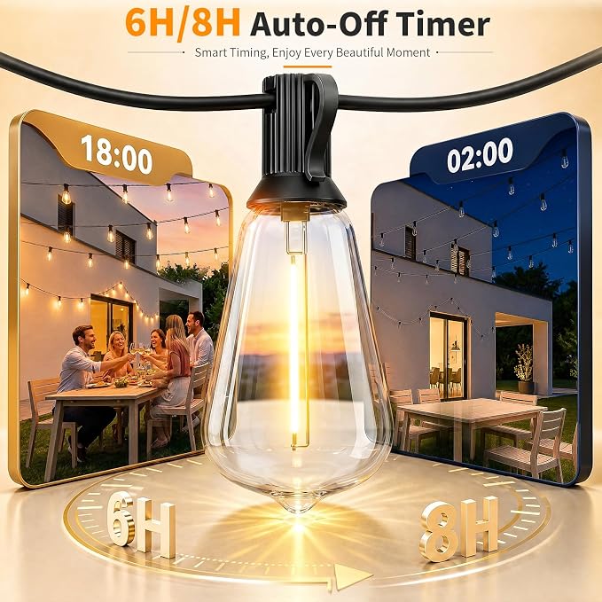 Hotsonic Remote Control Outdoor String Lights Waterproof, 50FT LED Outside Lights with Shatterproof Bulbs, Dimmable Hanging Lights 3 Modes for Patio Porch Garden Pergola Yard House Bistro Party Decors