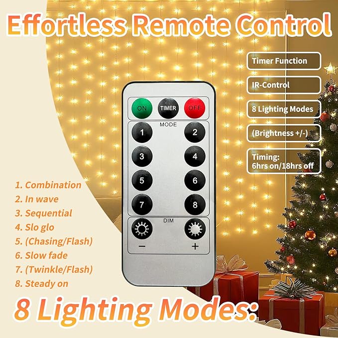 Fairy Curtain Lights, 200 LED Upgraded Tangle-Free Hanging Lights with Remote, USB Plug in String Lights for Bedroom Wall Window Wedding Party Xmas Home Décor - 9.8 x 6.6 Ft, Warm White