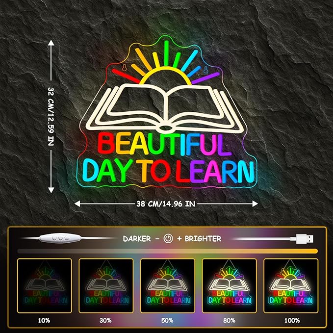 Beautiful Day Neon Sign To Learn Study Neon Signs for Classroom Wall Decor Rainbow LED Lights Up Classroom Bedroom in Reading Corner Decor Library LED Sign Study Office Gifts for Teens