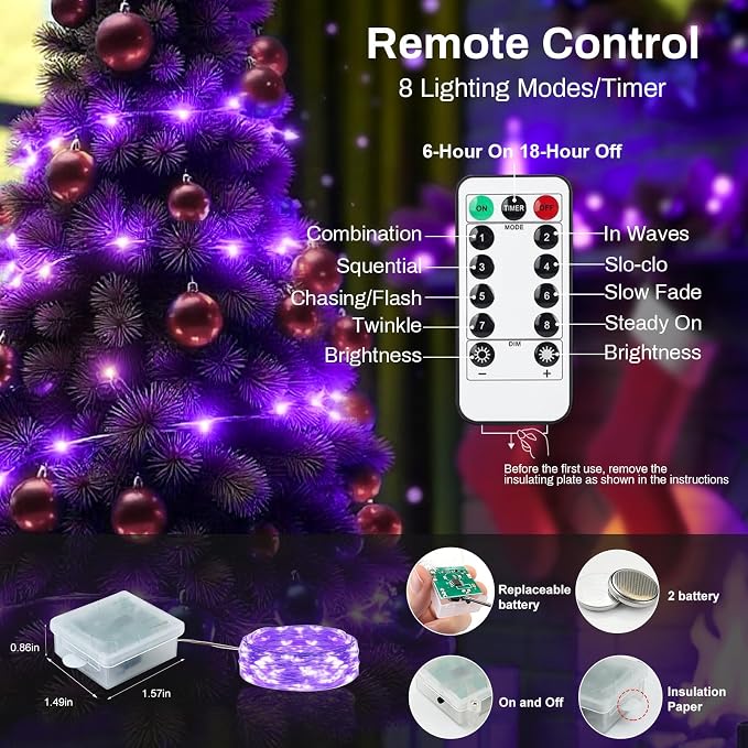 pozzolanas 6 Pack Purple Battery Operated String Lights with Remote - 7ft Waterproof Fairy Lights with 20 LEDs for Home, Mason Jar, Party, Wedding, Halloween, Christmas Decorations